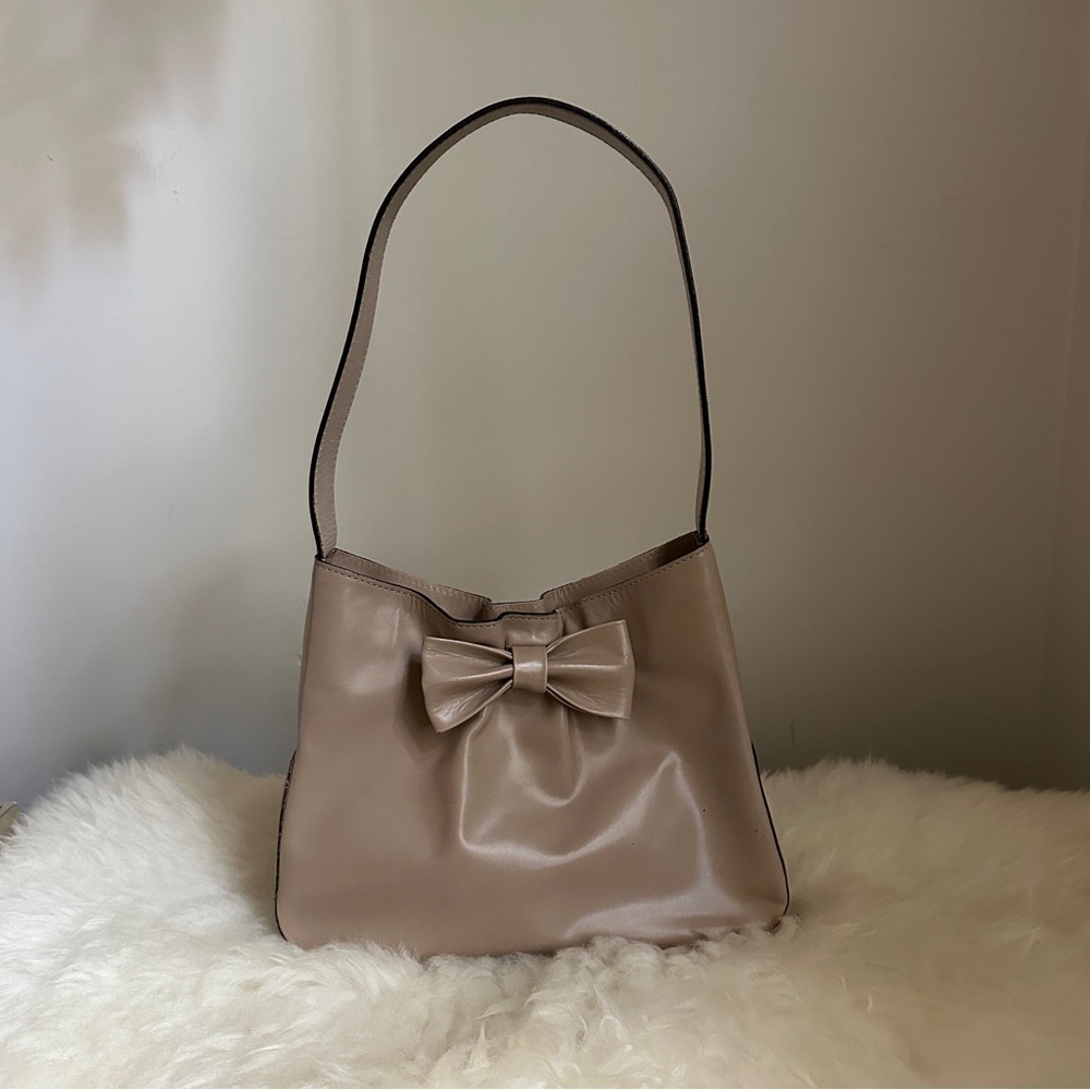 Y2K Taupe Genuine Leather Bow Shoulder Bag